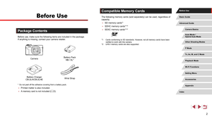 Page 22
Package Contents
Before use, make sure the following items are included in the package.
If anything is missing, contact your camera retailer.
CameraBattery Pack
NB-13L*
Battery Charger
CB-2LH/CB-2LHE Wrist Strap
* Do not peel off the adhesive covering from a battery pack.
 ●
Printed matter is also included.
 ●A memory card is not included ( = 2).
Compatible Memory Cards
The following memory cards (sold separately) can be used, regardless o\
f 
capacity.
 ●
SD memory cards*1
 ●SDHC memory cards*1*2...