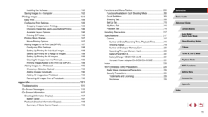 Page 1111
Functions and Menu Tables .................................................200
Functions Available in Each Shooting Mode ...........................200
Quick Set Menu
 ....................................................................... 203
Shooting Tab
 ............................................................................ 206
Set Up Tab
 ............................................................................... 215
My Menu Tab...