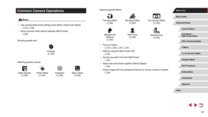 Page 1212
Common Camera Operations
 Shoot
 ●Use camera-determined settings (Auto Mode, Hybrid Auto Mode)
 -= 34,  = 36
 ●
Shoot yourself under optimal settings (Self Portrait)
 -= 58
Shooting people well
Portraits ( = 55)
Matching specific scenes
Night Scenes (= 55)Under Water
(= 57)Fireworks
(= 56)Starry Skies
(= 65) Applying special effects
Fish-Eye Effect
(= 60)Miniature Effect
(= 62)Toy Camera Effect
(= 63)
Background 
Defocus( =
 63)
Soft Focus
(= 64)Monochrome
(= 64)
 ●
Focus on faces
 -= 34,  = 55, = 91,...