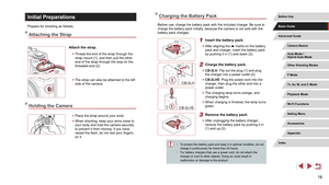 Page 1818
Charging the Battery Pack
Before use, charge the battery pack with the included charger. Be sure to 
charge the battery pack initially, because the camera is not sold with the 
battery pack charged.
1 Insert the battery pack.
 zAfter aligning the  marks on the battery 
pack and charger, insert the battery pack 
by pushing it in (1) and down (2).
2 Charge the battery pack.
 z CB-2LH: Flip out the plug (1) and plug 
the charger into a power outlet (2).
 zCB-2LHE: Plug the power cord into the 
charger,...