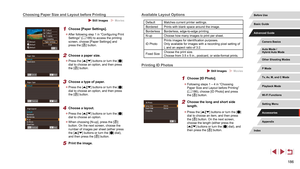 Page 186186
Available Layout Options
Default Matches current printer settings.
Bordered Prints with blank space around the image.
Borderless Borderless, edge-to-edge printing.
N-up Choose how many images to print per sheet.
ID PhotoPrints images for identification purposes.
Only available for images with a recording pixel setting of 
L and an aspect ratio of 3:2.
Fixed Size Choose the print size.
Choose from 3.5 x 5 in., postcard, or wide-format prints.
Printing ID Photos
 Still Images  Movies
1 Choose [ID...