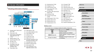 Page 197197
(21) Remaining time (= 220)
(22)
 Histogram ( = 113)
(23)
 Quick Set menu ( = 29)
(24)
 Focus range ( = 87, = 87), 
AF lock ( = 94)
(25)
 AF frame ( = 89), Spot AE point 
frame ( = 79)
(26)
 Grid lines ( = 106)
(27)
 AE lock ( = 78), FE lock 
( = 96)
(28)
 Shutter speed ( = 100, = 101)
(29)
 Aperture value ( = 101)
(30)
 Electronic level ( = 51)
(31)
 Exposure level ( = 101) (32)
 ISO speed (
= 80)
(33)
 Zoom bar ( = 34)
(34)
 Hybrid Auto mode ( = 36)
(35)
 Camera shake warning ( = 37)
(36)
 Wind...
