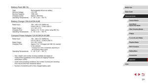 Page 221221
Battery Pack NB-13L
Type:  Rechargeable lithium-ion battery
Nominal Voltage:  3.6 V DC
Nominal Capacity:  1250 mAh
Charging Cycles:  Approx. 300 times
Operating Temperatures:  0 – 40 °C (32 – 104 °F)
Battery Charger CB-2LH/CB-2LHE
Rated Input:    100 – 240 V AC (50/60 Hz) 
0.09 A (100 V) – 0.06 A (240 V)
Rated Output: 
 4.2 V DC, 0.7 A
Charging Time:  Approx. 2 hr. 10 min. (when using NB-13L)
Operating Temperatures:  5 – 40 °C (41 – 104 °F)
Compact Power Adapter CA-DC30/CA-DC30E
Rated Input:    100 –...