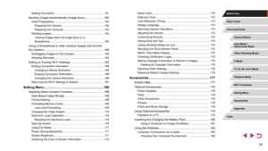 Page 1010
World Clock .............................................................................172
Date and Time
 ......................................................................... 172
Lens Retraction Timing
 ............................................................ 173
Display Language
 .................................................................... 173
Silencing Camera Operations
 .................................................. 173
Adjusting the Volume...