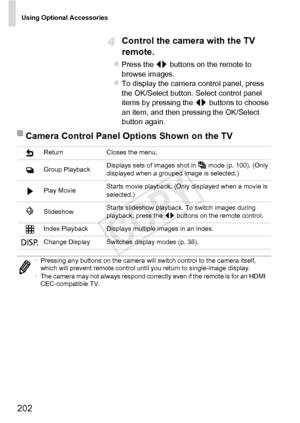 Page 202Using Optional Accessories
202
Control the camera with the TV 
remote.
zPress the qr buttons on the remote to 
browse images.
zTo display the camera control panel, press 
the OK/Select button. Select control panel 
items by pressing the  qr buttons to choose 
an item, and then pressing the OK/Select 
button again.
Camera Control Panel Options Shown on the TV
Return Closes the menu.
Group Playback Displays sets of images shot in   mode (p. 100). (Only 
displayed when a grouped image is selected.)
Play...