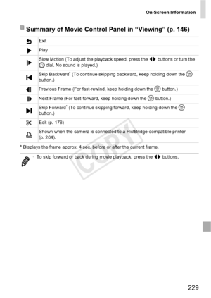 Page 229On-Screen Information
229
* Displays the frame approx. 4 sec. before or after the current frame.
Summary of Movie Control Panel in “Viewing” (p. 146)
Exit
Play
Slow Motion (To adjust the playback speed, press the qr buttons or turn the 
5 dial. No sound is played.)
Skip Backward
* (To continue skipping backward, keep holding down the  m 
button.)
Previous Frame (For fast-rewind, keep holding down the  m button.)
Next Frame (For fast-forward, keep holding down the m  button.)
Skip Forward
* (To continue...