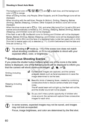 Page 60Shooting in Smart Auto Mode
60
•The background color of  ,  ,  ,  , and   is dark blue, and the background 
color of   is orange.
• When shooting movies, only People, Other Subjects, and At Close Range icons will be 
displayed.
• When shooting with the self-timer, People (In Motion), Smiling, Sleeping, Babies 
(Smiling), Babies (Sleeping), Children, Other Subjects (In Motion) icons will not be 
displayed.
• When the drive mode is set to   (p. 124), and when [Hg Lamp Corr.] is set to [On] and 
scenes are...