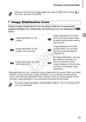 Page 61Shooting in Smart Auto Mode
61
Optimal image stabilization for the shooting conditions is automatically 
applied (Intelligent IS). Additionally, the following icons are displayed in A 
mode.
* Displayed when you pan, following moving subjects with the camera. When you follow  subjects moving horizontally, image stabilization only counteracts vertical camera 
shake, and horizontal stabilization stops. Similarly, when you follow subjects moving 
vertically, image stabilization only counteracts horizontal...