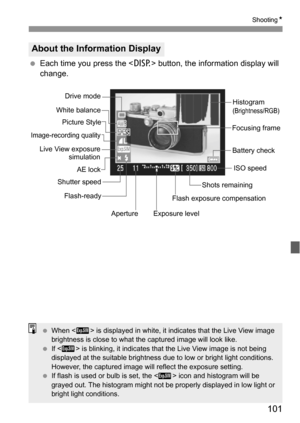 Page 101101
ShootingN
 Each time you press the  button, the information display will 
change.
About the Information Display
Focusing frameHistogram
(Brightness/RGB)
ISO speed
Shots remaining
Exposure level Aperture Shutter speedAE lock Picture Style
Battery check
Flash-ready
Flash exposure compensation
Drive mode
White balance
Live View exposure
simulation
Image-recording quality
 When < > is displayed in white, it indicates that the Live View image 
brightness is close to what the captured image will look...