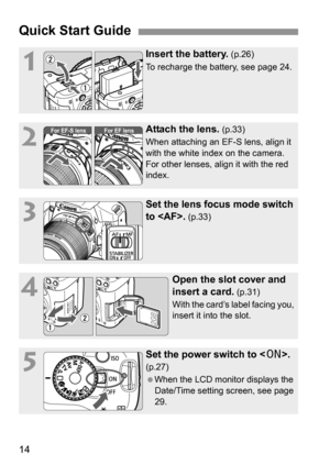 Page 1414
Quick Start Guide
1
Insert the battery. (p.26)
To recharge the battery, see page 24.
2
Attach the lens. (p.33)
When attaching an EF-S lens, align it 
with the white index on the camera. 
For other lenses, align it with the red 
index.
3
Set the lens focus mode switch 
to .
 (p.33)
4
Open the slot cover and 
insert a card.
 (p.31)
With the card’s label facing you, 
insert it into the slot.
5
Set the power switch to . 
(p.27)
 When the LCD monitor displays the 
Date/Time setting screen, see page 
29....