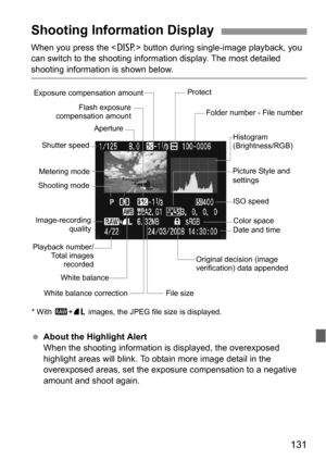 Page 131131
When you press the  button during single-image playback, you 
can switch to the shooting information display. The most detailed 
shooting information is shown below.
 About the Highlight Alert
When the shooting information is displayed, the overexposed 
highlight areas will blink. To obtain more image detail in the 
overexposed areas, set the exposure compensation to a negative 
amount and shoot again.
Shooting Information Display
Metering mode
Shooting mode
ISO speed
White balanceDate and time...