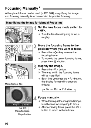 Page 9898
Although autofocus can be used (p.102, 104), magnifying the image and focusing manually is recommended for precise focusing.
1Set the lens focus mode switch to 
.
 Turn the lens focusing ring to focus 
roughly.
2Move the focusing frame to the 
position where you want to focus.
 Press the  key to move the 
focusing frame.
 To move to the center focusing frame, 
press the  button.
3Magnify the image.
 Press the  button.
XThe area within the focusing frame 
will be magnified.
 Each time you press the...