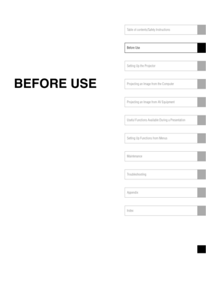 Page 17Table of contents/Safety Instructions
Before Use
Setting Up the Projector
Projecting an Image from the Computer
Projecting an Image from AV Equipment
Useful Functions Available During a Presentation
Setting Up Functions from Menus
Maintenance
Troubleshooting
Appendix
Index
BEFORE USE 