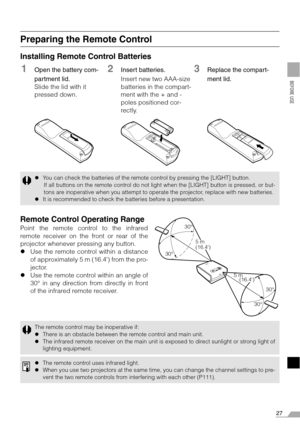 Page 2727
BEFORE USE
Preparing the Remote Control
Installing Remote Control Batteries
Remote Control Operating Range
Point the remote control to the infrared
remote receiver on the front or rear of the
projector whenever pressing any button.
zUse the remote control within a distance
of approximately 5 m (16.4) from the pro-
jector.
zUse the remote control within an angle of
30° in any direction from directly in front
of the infrared remote receiver.
zYou can check the batteries of the remote control by pressing...