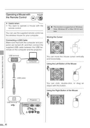 Page 8080
USEFUL FUNCTIONS AVAILABLE DURING A PRESENTATION
Operating a Mouse with 
the Remote Control
XUseful when:
XYou want to operate a mouse with the
remote control.
You can use the supplied remote control as
the wireless mouse for your computer.
Connecting a USB Cable
Make sure that both the computer and pro-
jector are turned off, and then connect the
supplied USB cable between the USB ter-
minals on the computer and the projector.
Moving the Cursor
You can move the mouse cursor vertically
and...