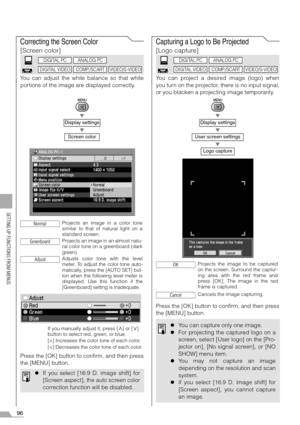 Page 9696
SETTING UP FUNCTIONS FROM MENUS
Correcting the Screen Color
[Screen color]
You can adjust the while balance so that white
portions of the image are displayed correctly.
T
T
Press the [OK] button to confirm, and then press
the [MENU] button.
Capturing a Logo to Be Projected
[Logo capture]
You can project a desired image (logo) when
you turn on the projector, there is no input signal,
or you blacken a projecting image temporarily.
T
T
T
Press the [OK] button to confirm, and then press
the [MENU]...