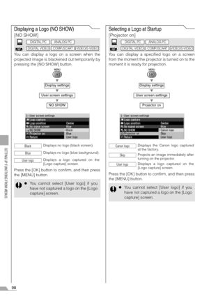 Page 9898
SETTING UP FUNCTIONS FROM MENUS
Displaying a Logo (NO SHOW)
[NO SHOW]
You can display a logo on a screen when the
projected image is blackened out temporarily by
pressing the [NO SHOW] button.
T
T
T
Press the [OK] button to confirm, and then press
the [MENU] button.
Selecting a Logo at Startup
[Projector on]
You can display a specified logo on a screen
from the moment the projector is turned on to the
moment it is ready for projection.
T
T
T
Press the [OK] button to confirm, and then press
the [MENU]...