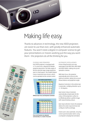 Page 4FLEXIBLE AND POWERED
Each XEED projector is equipped with 
a 1.7x zoom lens, allowing for flexible
projector placement. The wide angle of
the lens permits large image projection,
even in small spaces. The models feature
Canon motorised zoom lenses, which
can be operated via the remote control. 
AUTOMATIC INTELLIGENCE
A host of key functions are now
automated in the XEED SX6, XEED SX60
and XEED X600, making set-up and
operation a breeze. 
With Auto Focus, the projector
automatically sets its focus to the...