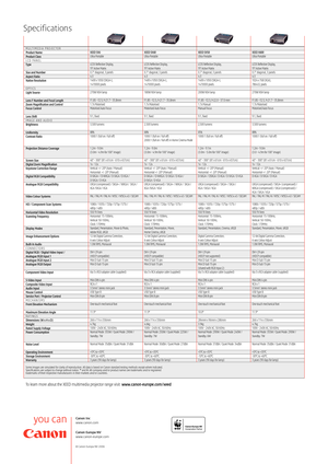 Page 8Specifications 
Canon Inc
www.canon.com
Canon Europa NV
www.canon-europe.com
© Canon Europa NV 2006
MULTIMEDIA PROJECTORProduct NameProduct ClassLCD PANELType
Size and NumberAspect RatioNative Resolution
OPTICSLight Source
Lens F Number and Focal LengthZoom Magnification and ControlFocus Control
Lens ShiftIMAGE AND AUDIOBrightness
UniformityContrast Ratio
Projection Distance Coverage
Screen SizeDigital Zoom MagnificationKeystone Correction Range
Digital RGB Compatibility
Analogue RGB Compatibility
Video...