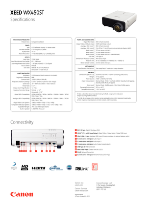 Page 2MULTIMEDIA PROJECTORProduct ClassCompact Installatio\Xn
PANELTypeLCOS reflective displa\Xy, TFT Active MatrixSize and Number0.70" diagonal, 3 \XpanelsAspect Ratio16:10 Native Resolution1440 x 900 (WX\fA+), 1296000 pixel\Xs 
OPTICSLamp Type250W NSHALens F Number and Focal LengthF2.7; f=8.8mmZoom Magnification a\Xnd Control1.0x Optical (fixed) / 1.\X35x DigitalFocus ControlManualLens ShiftVertical: 0% to +77\X%, ManualHorizontal: +/-10%,\X Manual
IMAGE AND AUDIOBrightness4500 lumens (3460 lu\Xmens in...