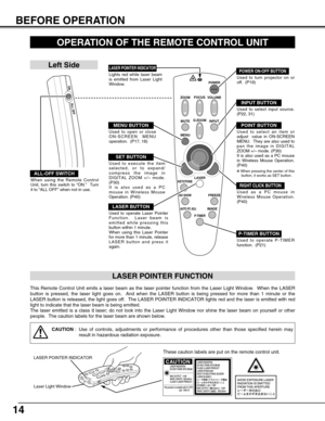 Page 1414
BEFORE OPERATION
VOLUME
POWER
FOCUS
ZOOM
D.ZOOM
MENUMUTE
LASER
NO SHOWFREEZE
AUTO PC ADJ.IMAGE
P-TIMER
INPUT
KEYSTONE
OPERATION OF THE REMOTE CONTROL UNIT
ON
ALL OFF
ALL-OFF SWITCH
Left Side
When using the Remote Control
Unit, turn this switch to “ON.”  Turn
it to “ALL OFF” when not in use.
This Remote Control Unit emits a laser beam as the laser pointer function from the Laser Light Window.  When the LASER
button is pressed, the laser light goes on.  And when the LASER button is being pressed for...