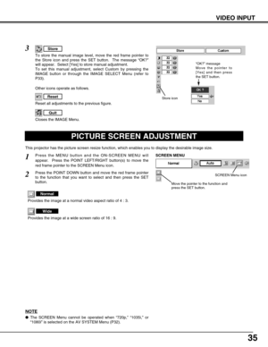 Page 3535
VIDEO INPUT
PICTURE SCREEN ADJUSTMENT
This projector has the picture screen resize function, which enables you to display the desirable image size.
Press the MENU button and the ON-SCREEN MENU will
appear.  Press the POINT LEFT/RIGHT button(s) to move the
red frame pointer to the SCREEN Menu icon.
Press the POINT DOWN button and move the red frame pointer
to the function that you want to select and then press the SET
button.
1
2
NOTE
The SCREEN Menu cannot be operated when “720p,” “1035i,” or
“1080i”...