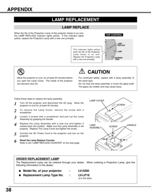 Page 3838
APPENDIX
LAMP REPLACEMENT
LAMP REPLACE
When the life of the Projection Lamp of this projector draws to an end,
the LAMP REPLACE indicator lights yellow.  If this indicator lights
yellow, replace the Projection Lamp with a new one promptly.
Follow these steps to replace the lamp assembly.
LAMP
ASSEMBLYHANDLE LAMP COVER
ORDER REPLACEMENT LAMP
The Replacement Lamp can be ordered through your dealer.  When ordering a Projection Lamp, give the
following information to the dealer.

Model No. of your...