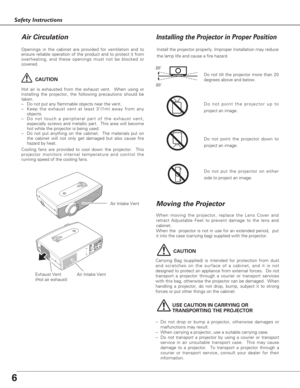 Page 66
Safety Instructions
USE CAUTION IN CARRYING OR 
TRANSPORTING THE PROJECTOR
–Do not drop or bump a projector, otherwise damages or
malfunctions may result.
–When carrying a projector, use a suitable carrying case.
–Do not transport a projector by using a courier or transport
service in an unsuitable transport case.  This may cause
damage to a projector.  To transport a projector through a
courier or transport service, consult your dealer for their
information.
Moving the Projector
CAUTION
Carrying Bag...