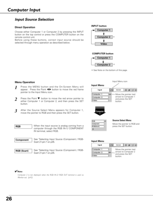 Page 2626
Choose either Computer 1 or Computer 2 by pressing the INPUT
button on the top control or press the COMPUTER button on the
remote control unit.
Before using these buttons, correct input source should be
selected through menu operation as described below.
Press the MENU button and the On-Screen Menu will
appear.  Press the Point 
7 8button to move the red frame
pointer to the Input Menu icon.1
Computer
1
Input Menu
Press the Point d d 
 button to move the red arrow pointer to
either Computer 1 or...