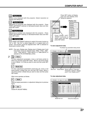 Page 2727
COMPUTER INPUT
Selects area displayed with this projector. Select resolution at
Display area dialog box.
Display area
Adjustment of horizontal area displayed with this projector.  Press
POINT LEFT/RIGHT button(s) to decrease/increase value and then
press SET button.
Display area H
Adjustment of vertical area displayed with this projector.  Press
POINT LEFT/RIGHT button(s) to decrease/increase value and then
press SET button.
Display area V
Full screen
Reset
Store
Closes PC ADJUST MENU.
Quit
Other...