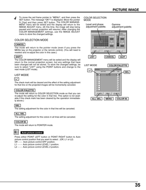 Page 3535
PICTURE IMAGE 
Auto picture control
Press either POINT LEFT button or POINT RIGHT button to Auto
picture control position that you want to select . (Off, L1 or L2)
Off ·······Auto picture control OFF position.
L1 ········ Auto picture control LEVEL 1 position.
L2 ········ Auto picture control LEVEL 2 position.
To move the red frame pointer to MENU, and then press the
SET button. The message OK? is displayed. Move the pointer
to 
[Yes] and then press SET button.The COLOR MANAGE-
MENT menu will be...