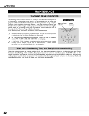 Page 4242
APPENDIX
MAINTENANCE
WARNING TEMP. INDICATOR
Ventilation Slots of a projector may be blocked.  In such an event, reposition
a projector so that Ventilation Slots are not obstructed.
Air Filter may be clogged with dust particles.  Clean Air Filter by following
section AIR FILTER CARE AND CLEANING on next page.
1
2
If WARNING TEMP. Indicator remains on after performing above checks,
Cooling Fans or Internal Circuits may be malfunctioning.  Contact service
personnel from an authorized dealer or a service...