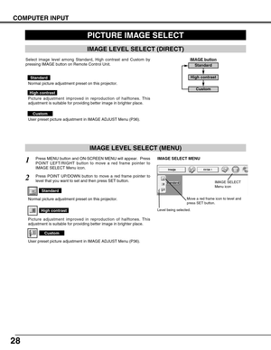 Page 2828
COMPUTER INPUT
PICTURE IMAGE SELECT
IMAGE LEVEL SELECT (MENU)
Press MENU button and ON-SCREEN MENU will appear.  Press
POINT LEFT/RIGHT button to move a red frame pointer to
IMAGE SELECT Menu icon.1
2Press POINT UP/DOWN button to move a red frame pointer to
level that you want to set and then press SET button.
Level being selected.
IMAGE SELECT MENU
Standard
User preset picture adjustment in IMAGE ADJUST Menu (P36).
IMAGE LEVEL SELECT (DIRECT)
Select image level among Standard, High contrast and...