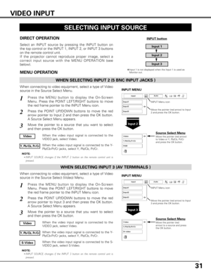 Page 3131
When the video input signal is connected to the Y-
Pb/Cb-Pr/Cr jacks, select Y, Pb/Cb, Pr/Cr.
Press the MENU button to display the On-Screen
Menu. Press the POINT LEFT/RIGHT buttons to move
the red frame pointer to the INPUT Menu icon.1
Move the pointer to a source that you want to select
and then press the OK button.3
When the video input signal is connected to the
VIDEO jack, select Video.
When the video input signal is connected to the S-
VIDEO jack, select S-Video.
When connecting to video...