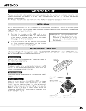 Page 4545
WIRELESS MOUSE
INSTALLATION
Remote control unit is not only able to operate this projector but also \
functions as a wireless mouse for most
personal computers. The MOUSE POINTER, DRAG ON/OFF button, and two CLICK\
 buttons are used for
wireless mouse operation.
The Wireless mouse function is available only when the PC mouse pointer \
is displayed on the screen.
Connect the mouse port (or USB port) of your
computer to the CONTROL PORT (or USB connector)
of this projector with the Control cable (or USB...