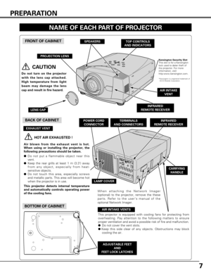 Page 77
PREPARATION
NAME OF EACH PART OF PROJECTOR
BOTTOM OF CABINET
BACK OF CABINET
FRONT OF CABINET
LAMP COVER
ADJUSTABLE FEETAND 
FEET LOCK LATCHES
This projector is equipped with cooling fans for protecting from
overheating. Pay attention to the following matters to ensure
proper ventilation and avoid a possible risk of fire and malfunction.
●
Do not cover the vent slots.
● Keep this side clear of any objects. Obstructions may block
cooling the air.
AIR INTAKE VENTS
PROJECTION LENS
SPEAKERS
INFRARED...