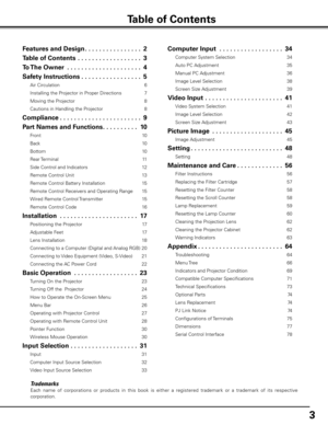 Page 3


Trademarks
Each  name  of  corporations  or  products  in  this  book  is  either  a  registered  trademark  or  a  trademark  of  its  respective 
corporation.
Table of Contents
Features and Design .  .  .  .  .  .  .  .  .  .  .  .  .  .  .  .
Table of Contents  .  .  .  .  .  .  .  .  .  .  .  .  .  .  .  .  .  .
To The Owner   .  .  .  .  .  .  .  .  .  .  .  .  .  .  .  .  .  .  .  .  .4
Safety Instructions .  .  .  .  .  .  .  .  .  .  .  .  .  .  .  .  .5
Air Circulation 6...