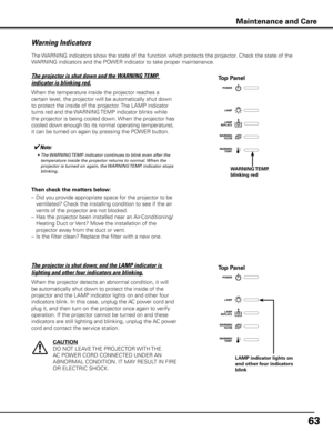 Page 63
6

The WARNING indicators show the state of the function which protects the projector. Check the state of the 
WARNING indicators and the POWER indicator to take proper maintenance. 
Warning Indicators
The projector is shut down and the WARNING TEMP. 
indicator is blinking red.
When the temperature inside the projector reaches a 
certain level, the projector will be automatically shut down 
to protect the inside of the projector. The LAMP indicator 
turns red and the WARNING TEMP indicator blinks...