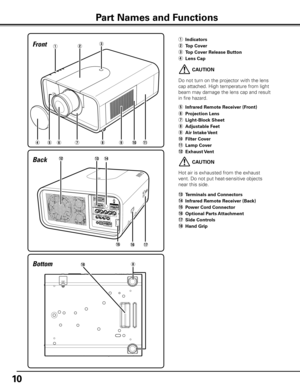 Page 10
10

i
e
ty
Front
!1!0
qw
uo
Bottom
Back
q	Indicators
w	Top Cover
e Top Cover Release Button
r	Lens Cap 
!7
!8
!6
!3
 CAUTION
Hot air is exhausted from the exhaust 
vent. Do not put heat-sensitive objects 
near this side.
!3  Terminals and Connectors
!4  Infrared Remote Receiver (Back)
!5  Power Cord Connector
!6  Optional Parts Attachment
!7	Side Controls
!8	Hand Grip
t	Infrared Remote Receiver (Front)
y  Projection Lens
u	Light-Block Sheet
i  Adjustable Feet
o  Air Intake Vent
!0  Filter Cover
!1  Lamp...