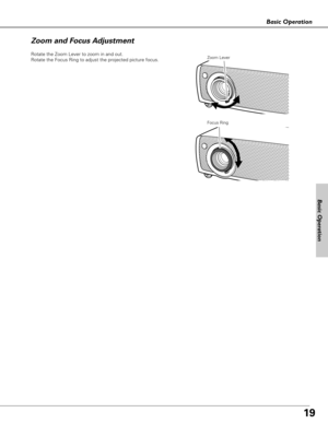 Page 1919
Basic Operation
Rotate the Zoom Lever to zoom in and out.  
Rotate the Focus Ring to adjust the projected picture focus.  Zoom Lever
Focus Ring
Zoom and Focus Adjustment
Basic Operation 