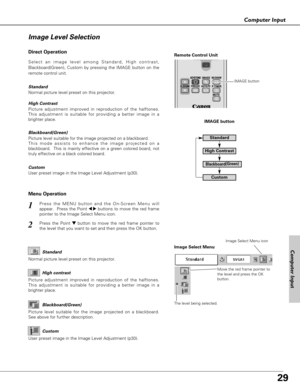 Page 2929
Computer Input
Press the MENU button and the On-Screen Menu will
appear.  Press the Point 
7 8buttons to move the red frame
pointer to the Image Select Menu icon.1
2Press the Point d dbutton to move the red frame pointer to
the level that you want to set and then press the OK button.
Move the red frame pointer to
the level and press the OK
button.
The level being selected.
Image Select Menu
Normal picture level preset on this projector.Standard
Picture adjustment improved in reproduction of the...