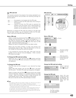 Page 4343
The PIN code can be changed to your desired four-digit
number.
Select PIN code change with the Point d d
button, and press
the OK button.  The New PIN code input dialog box will appear.  
Select a number with the Point 7 8buttons and fix the number
with the OK button. Repeat it to complete entering a four-digit
number.  When the four-digit number is fixed, the pointer will
automatically move to Set.  Then press the OK button.  
Be sure to note the new PIN code and keep it at hand.   To Change the PIN...