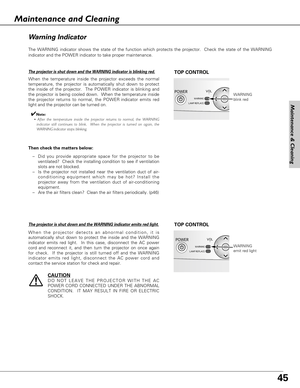 Page 4545
The WARNING indicator shows the state of the function which protects the projector.  Check the state of the WARNING
indicator and the POWER indicator to take proper maintenance. 
VOL
-
WARNING
LAMP REPLACE
POWERWARNING
blink red
TOP CONTROL
Wa rn ing Indicator
The projector is shut down and the WARNING indicator is blinking red.
When the temperature inside the projector exceeds the normal
temperature, the projector is automatically shut down to protect
the inside of the projector.  The POWER indicator...