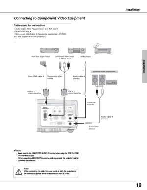 Page 1919
Installation
Installation
Connecting to Component Video Equipment
    AUDIO 
R      IN      L VIDEO IN     RGB IN-1/
COMPONENT IN
SERVICE PORT S-VIDEO IN
 COMPUTER
  AUDIO IN
 AUDIO OUT
            RGB IN-2/
            RGB OUT
RESET
Cables used for connection
• Audio Cables (Mini Plug (stereo) x 2 or RCA x 2) ✽
• Scart-VGA Cable ✽ 
• Component-VGA Cable ✽ (Separately supplied as LV-CA32)
(
✽= Not supplied with this projector.)
Note:
When connecting the cable, the power cords of both the projector...