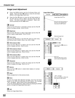 Page 3232
Computer Input
Press the Point 7 8 button to
adjust value.
Press the MENU button and the On-Screen Menu will
appear.  Press the Point 
7 8button to move the red frame
pointer to the Image Adjust Menu icon.1
2Press the Point d dbutton to move the red frame pointer to
the item that you want to adjust, and then press the SET
button.  The level of each item is displayed.  Adjust each
level by pressing the Point 
7 8button.Move the red frame pointer to
the item to be selected and
then press the SET...