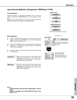 Page 3535
Video Input
Video Input
Press the MENU button and the On-Screen Menu will
appear.  Press the Point 
7 8button to move the red frame
pointer to the Input Menu icon.1
Press the Point d dbutton to move the red arrow pointer to
Computer 1, and then press the SET button.  The Source
Select Menu will appear.   2
Move the pointer to the correct input source and then press
the SET button.3
Move the pointer (red arrow)
to Computer 1 and press the
SET button.
Move the pointer to
Component or RGB (Scart)
and...