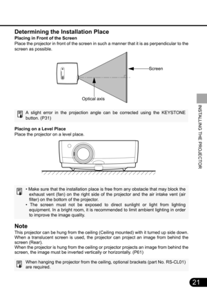 Page 2121
INSTALLING THE PROJECTOR
Determining the Installation Place
Placing in Front of the Screen
Place the projector in front of the screen in such a manner that it is as perpendicular to the
screen as possible.
A slight error in the projection angle can be corrected using the KEYSTONE
button. (P31)
Placing on a Level Place
Place the projector on a level place.
• Make sure that the installation place is free from any obstacle that may block the
exhaust vent (fan) on the right side of the projector and the...