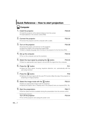 Page 22
Quick Reference – How to start projection
Computer
1.Install the projector. P28-29
zInstall the projector at the desired distance from the screen.
zInstall batteries in the remote control (P26)
2.Connect the projector. P32-34
zConnect the projector and the computer with a cable.
3.Turn on the projector. P35-38
zConnect the power cord and turn on the projector.
zAdjust the height of the projecting image (P38).
zSelect a display language when turning on the projector for the first time (P36).
4.Set up...