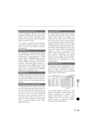 Page 121121
APPENDIX
Gamma Correction (P91, 93)
A tone adjustment system used during
projection of image data. The gamma cor-
rection function works effectively when
portions of an image are obscure because
they are too light or dark.
This projector supports manual gamma
correction and dynamic gamma correction
which performs the gamma correction
automatically.
HDCP (P57, 61)
An abbreviation of High-bandwidth Digital
Content Protection which is an encryption
technology for copy protection of digital
image...