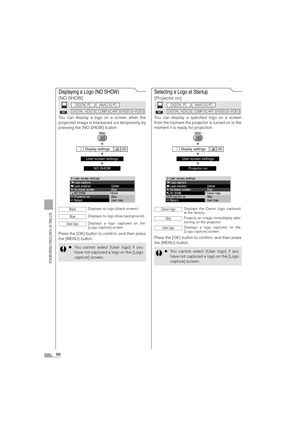 Page 8888
SETTING UP FUNCTIONS FROM MENUS
Displaying a Logo (NO SHOW)
[NO SHOW]
You can display a logo on a screen when the
projected image is blackened out temporarily by
pressing the [NO SHOW] button.
T
T
T
Press the [OK] button to confirm, and then press
the [MENU] button.
Selecting a Logo at Startup
[Projector on]
You can display a specified logo on a screen
from the moment the projector is turned on to the
moment it is ready for projection.
T
T
T
Press the [OK] button to confirm, and then press
the [MENU]...